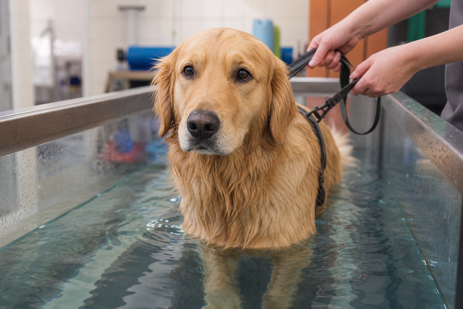 Golden Retriever läuft ruhig auf einem Unterwasserlaufband, das Wasser reicht bis zu den Ellbogen