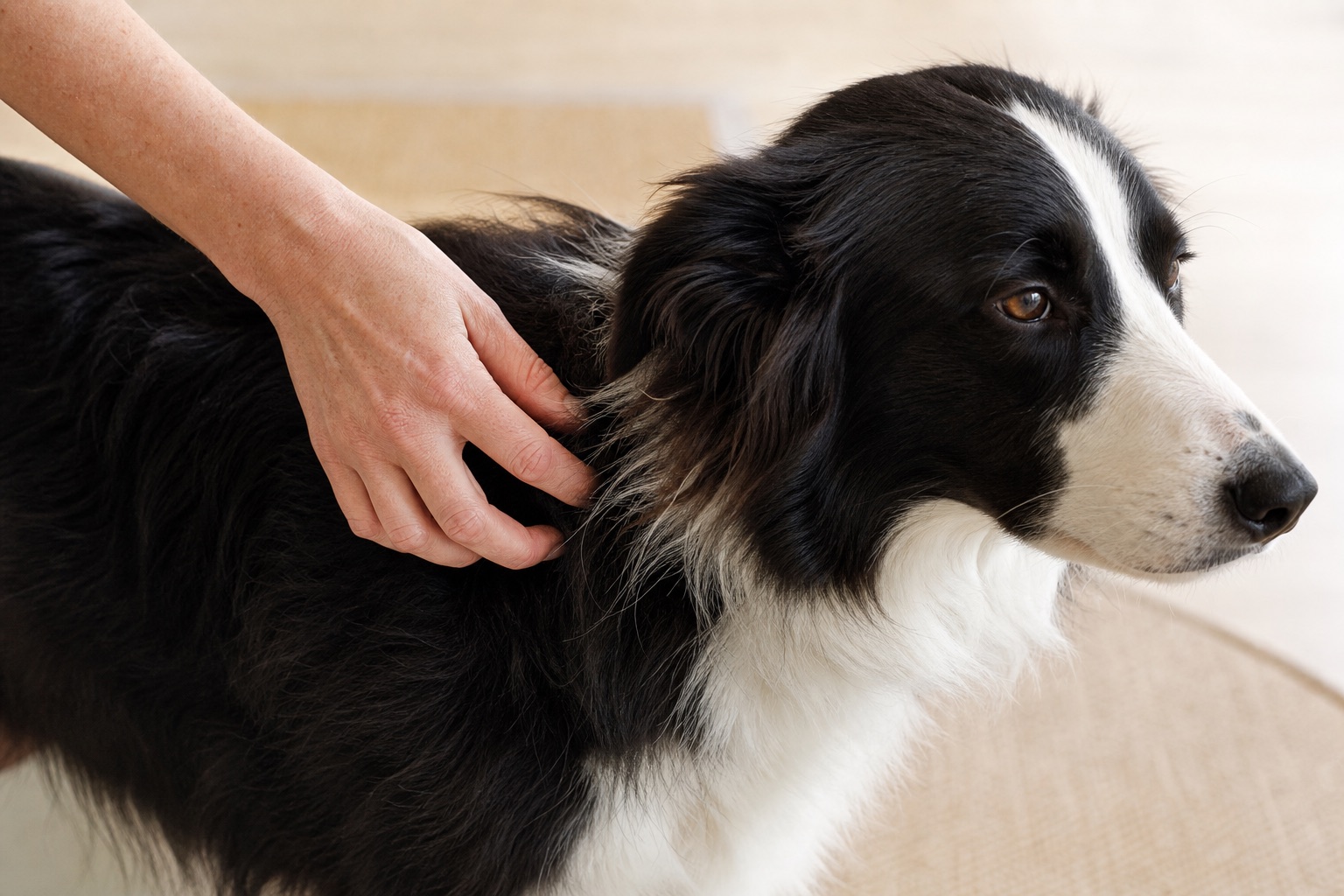Eine Hand führt langsame kreisförmige TTouch-Griffe über die Schulter eines ruhigen Border Collies